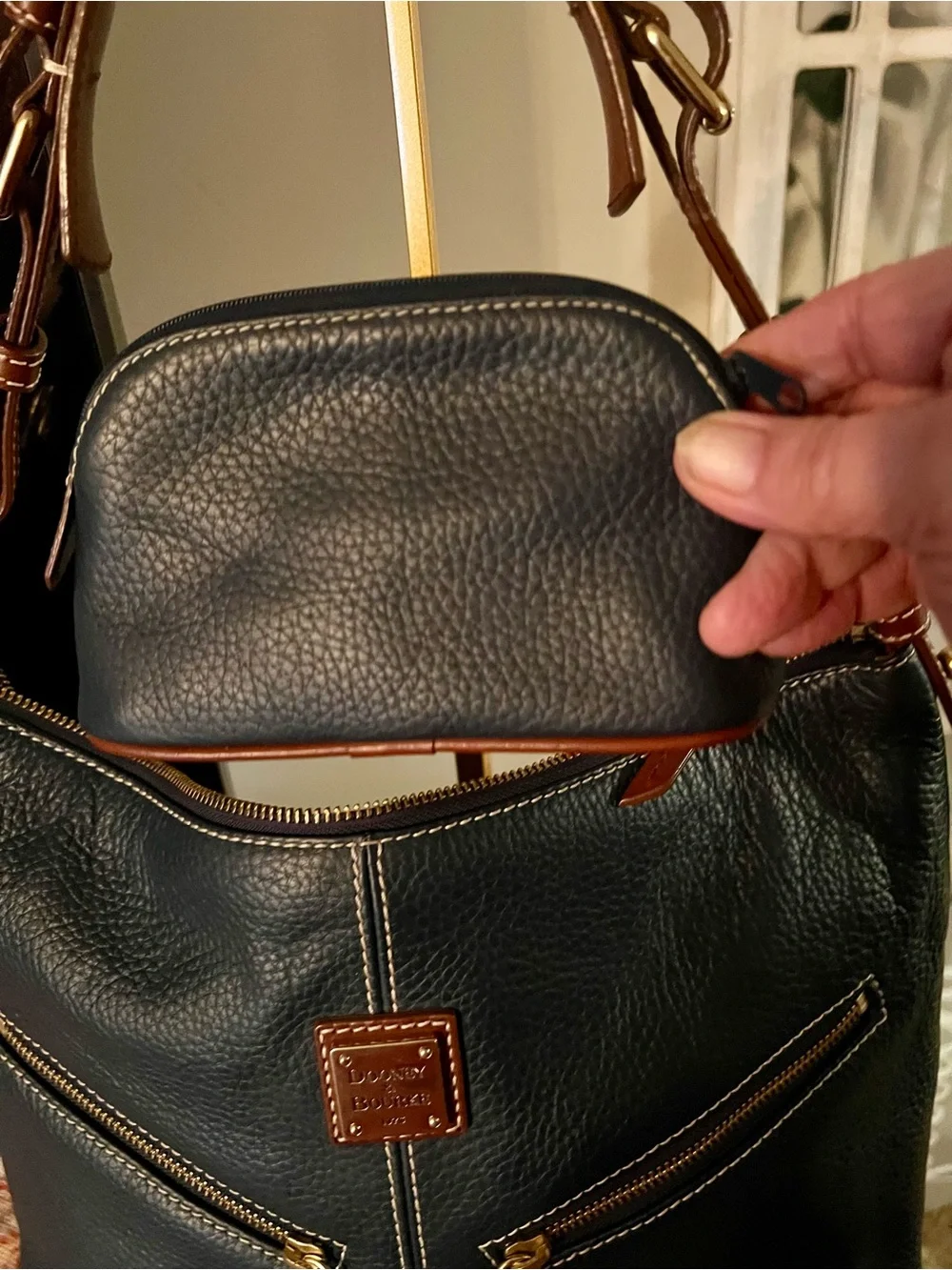 Dooney & Bourke Navy Pebbled Leather Satchel with Brown Trim with pouch